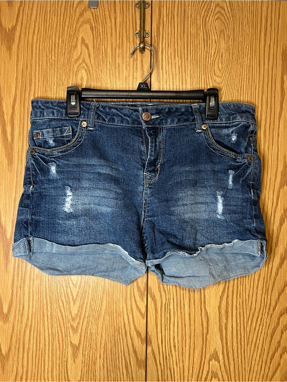 Denim Roll-Cuff Juniors Shorts - Dark Blue